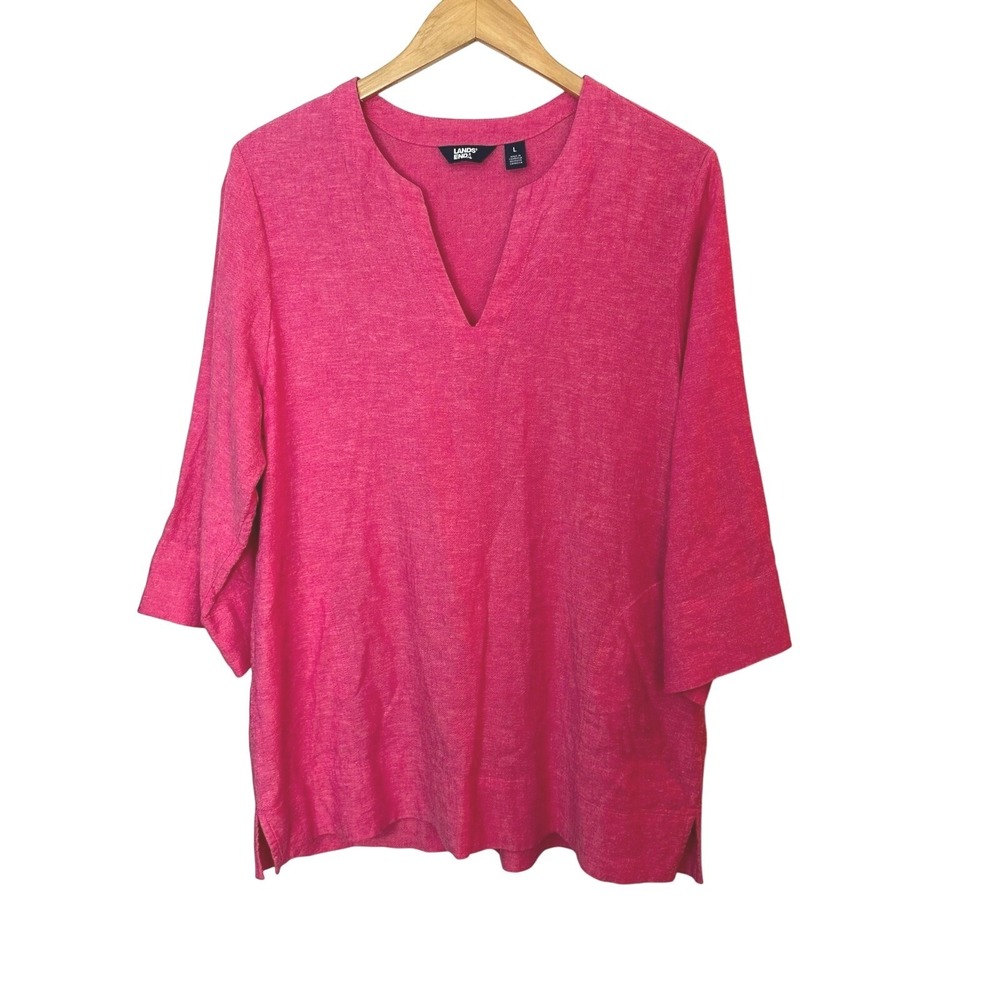 Lands End Lagenlook Shirt Linen Tunic Top Pink Womens Large Pockets 3/4 Sleeve